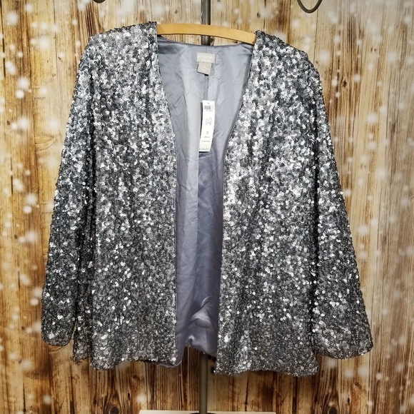 NEW!! Chico's Travelers Gray Sequin Women's Sz. 16/18 Open Front Blazer - Picture 1 of 7
